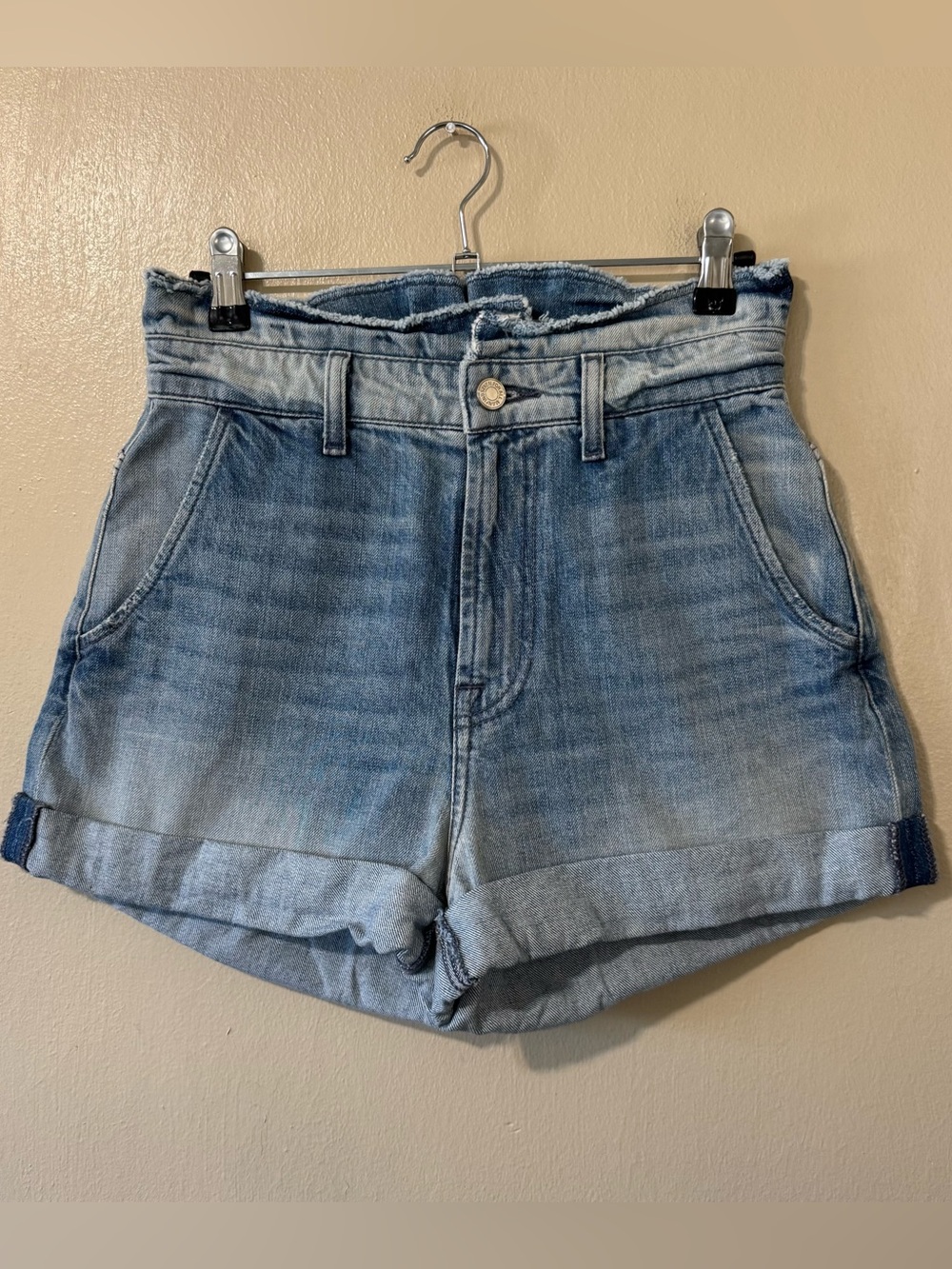 7 For All Mankind paperbag waist high rise distressed waistband cuffed shorts